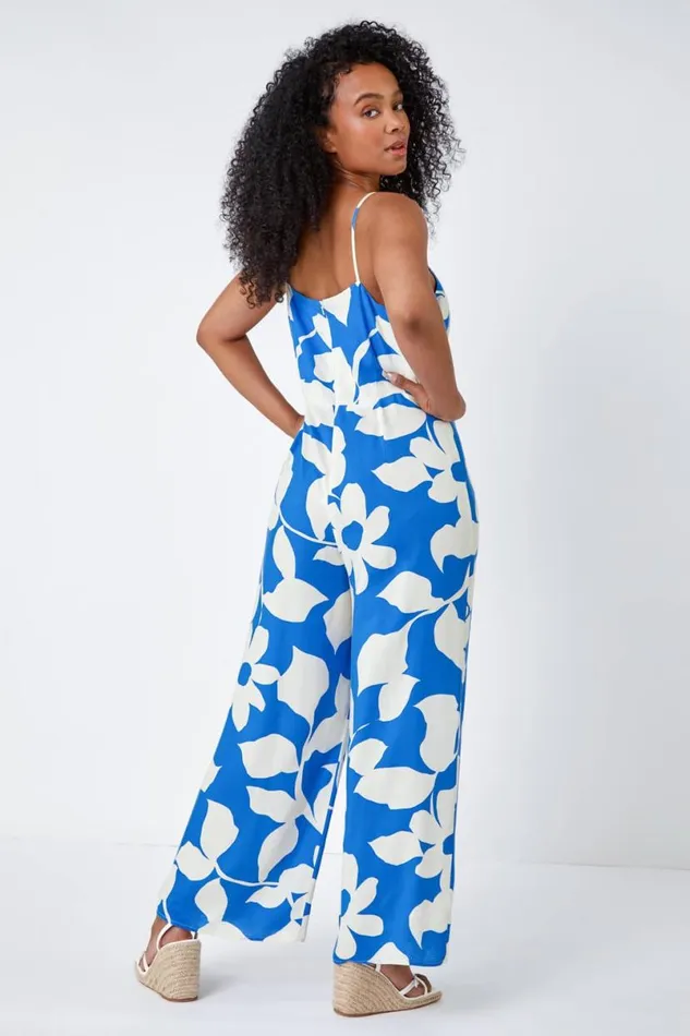 Blue Petite Stretch Floral Print Jumpsuit Women Roman Dresses