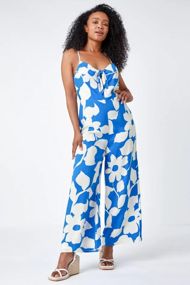 Blue Petite Stretch Floral Print Jumpsuit Women Roman Dresses