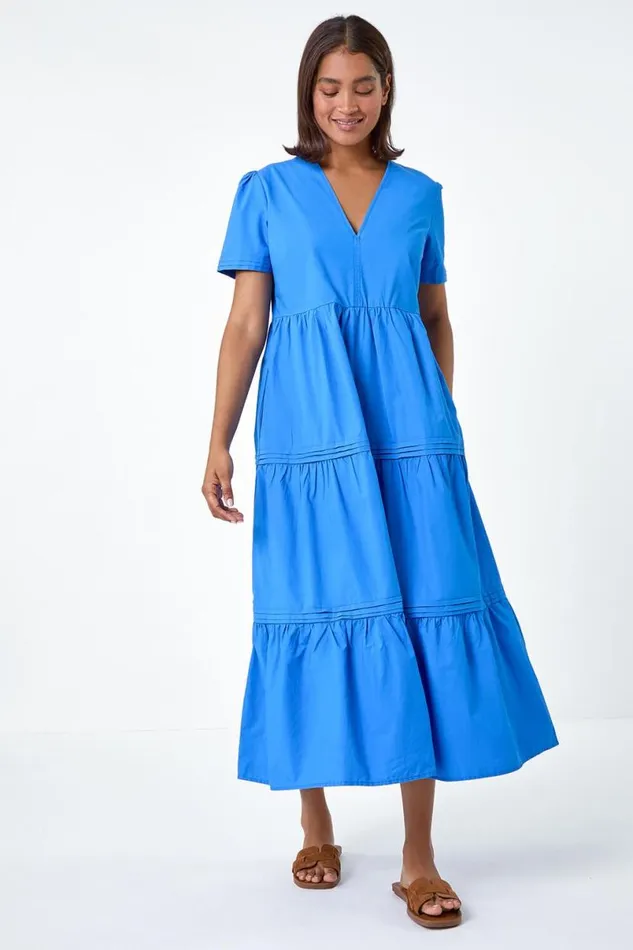 Blue Plain Cotton Tiered Maxi Dress Women Roman Dresses