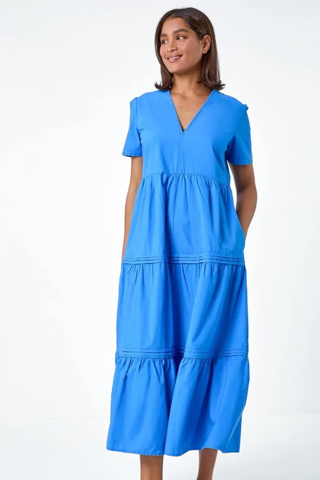 Blue Plain Cotton Tiered Maxi Dress Women Roman Dresses