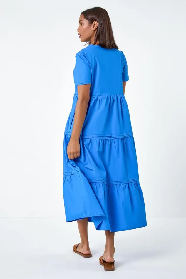 Blue Plain Cotton Tiered Maxi Dress Women Roman Dresses
