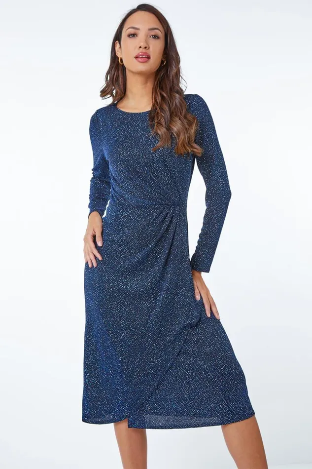Blue Ruched Glitter Midi Dress Women Roman Dresses
