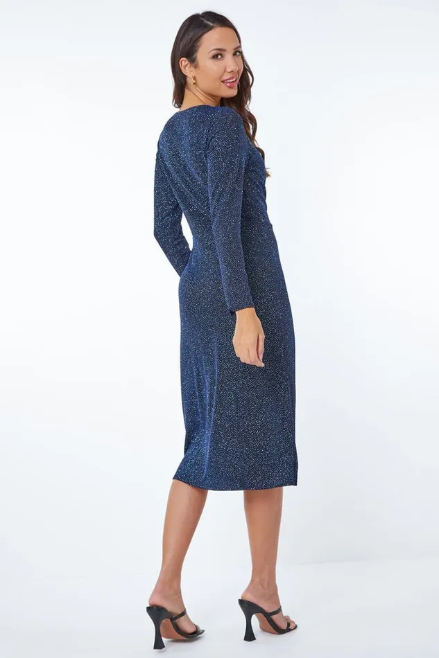 Blue Ruched Glitter Midi Dress Women Roman Dresses