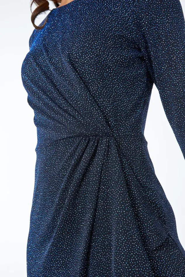 Blue Ruched Glitter Midi Dress Women Roman Dresses