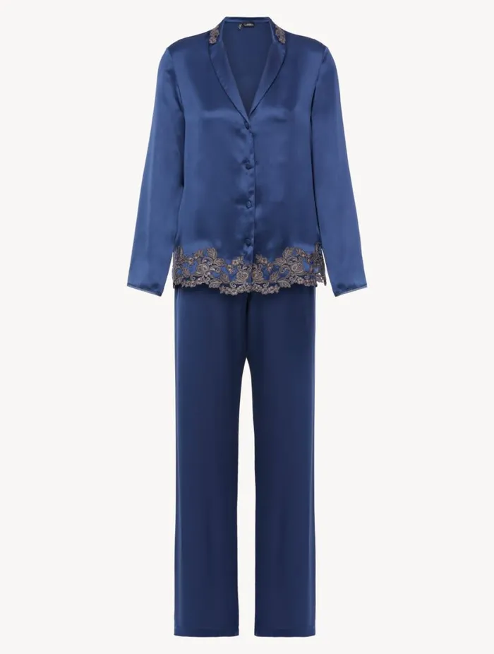 Blue Silk Long Pajamas With Frastaglio Sleepwear La Perla Pajamas