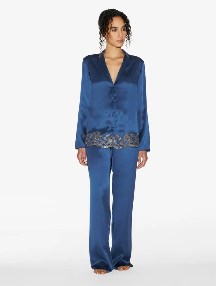 Blue Silk Long Pajamas With Frastaglio Sleepwear La Perla Pajamas