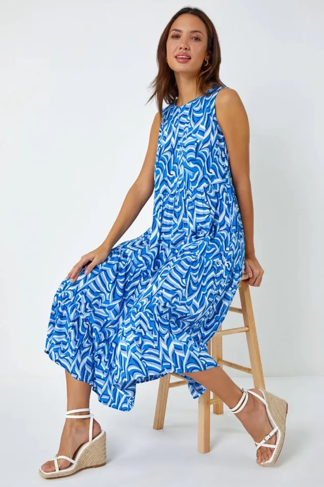 Blue Sleeveless Geometric Print Smock Dress Women Roman Dresses
