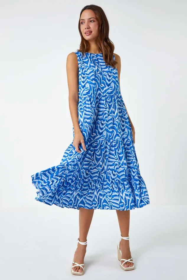 Blue Sleeveless Geometric Print Smock Dress Women Roman Dresses