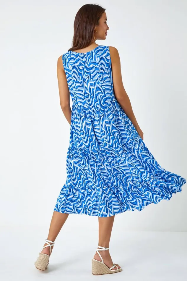 Blue Sleeveless Geometric Print Smock Dress Women Roman Dresses