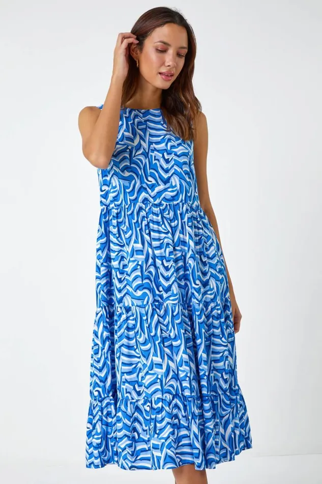 Blue Sleeveless Geometric Print Smock Dress Women Roman Dresses