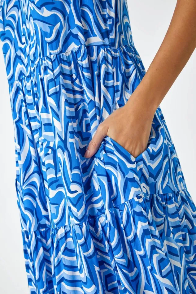 Blue Sleeveless Geometric Print Smock Dress Women Roman Dresses