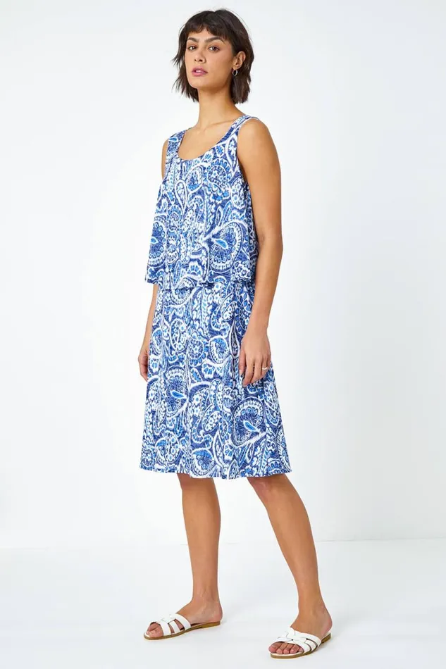 Blue Sleeveless Paisley Print Overlay Dress Women Roman Dresses