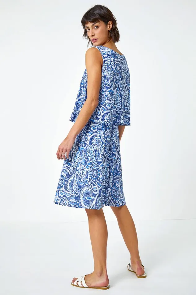 Blue Sleeveless Paisley Print Overlay Dress Women Roman Dresses
