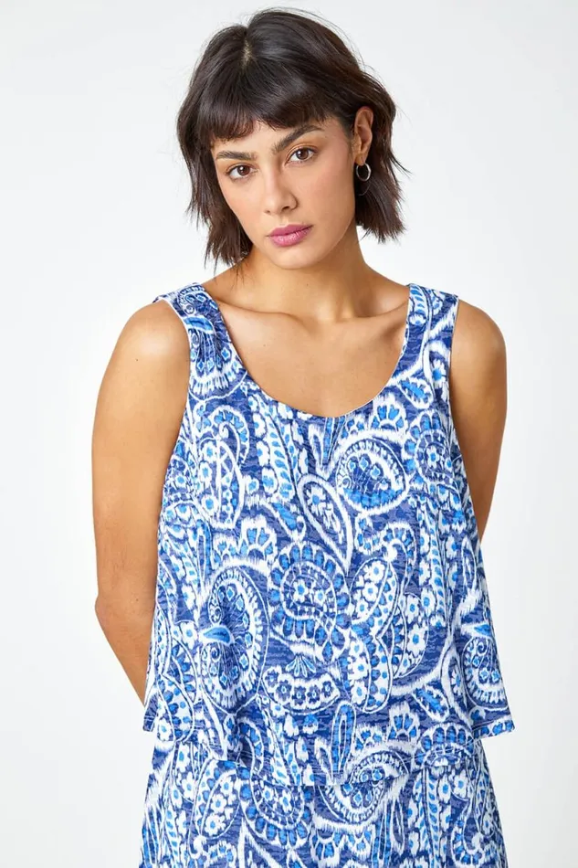 Blue Sleeveless Paisley Print Overlay Dress Women Roman Dresses