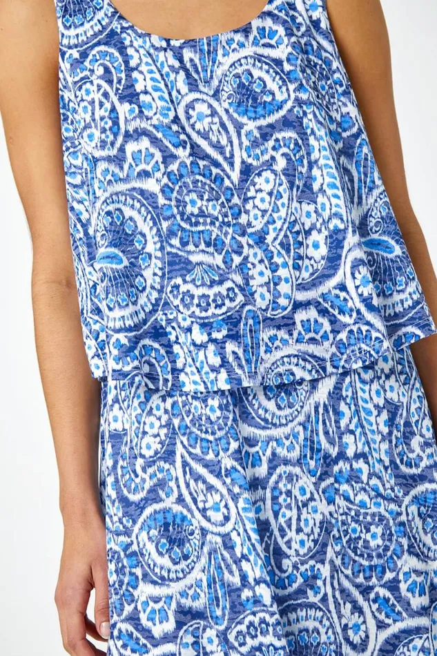 Blue Sleeveless Paisley Print Overlay Dress Women Roman Dresses