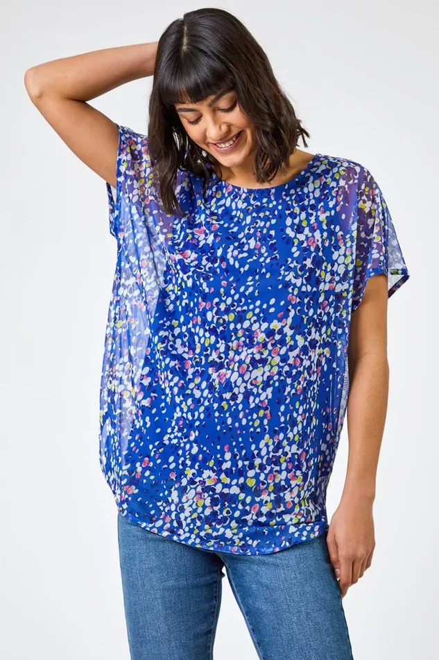 Blue Spot Print Mesh Overlay Top Women Roman Tops