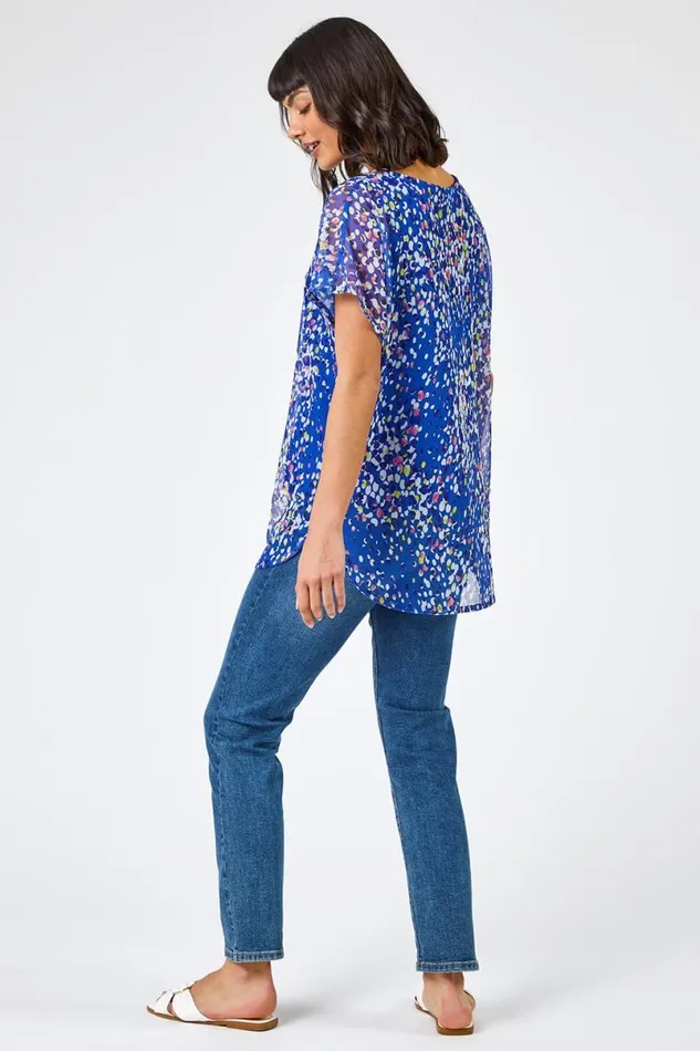 Blue Spot Print Mesh Overlay Top Women Roman Tops
