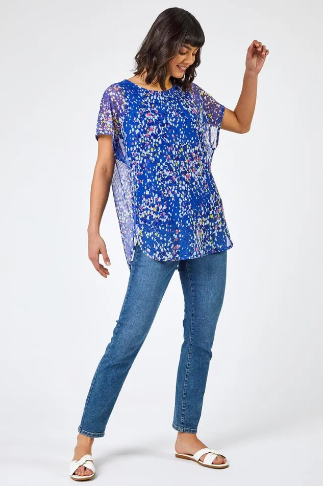 Blue Spot Print Mesh Overlay Top Women Roman Tops