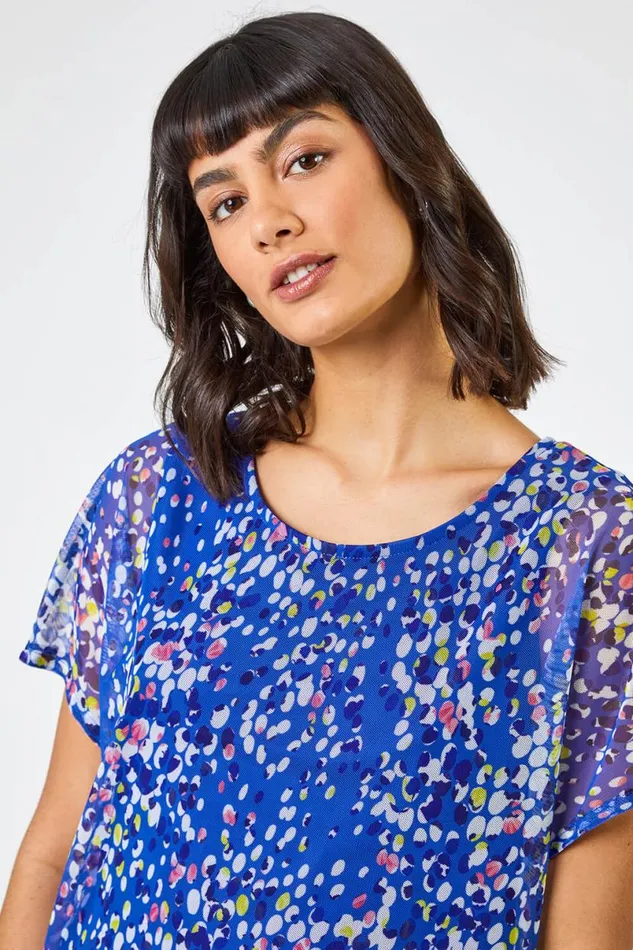 Blue Spot Print Mesh Overlay Top Women Roman Tops