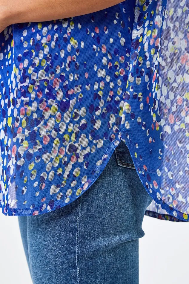 Blue Spot Print Mesh Overlay Top Women Roman Tops