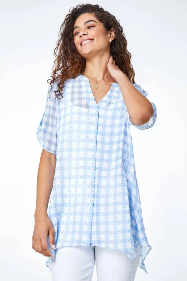 Blue Textured Check Hanky Hem Blouse Women Roman Tops