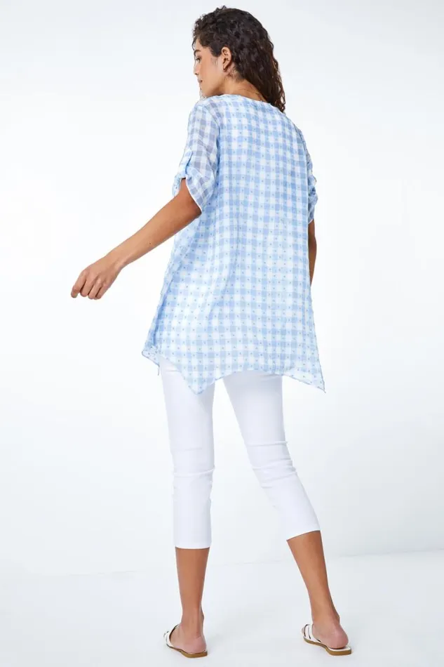 Blue Textured Check Hanky Hem Blouse Women Roman Tops
