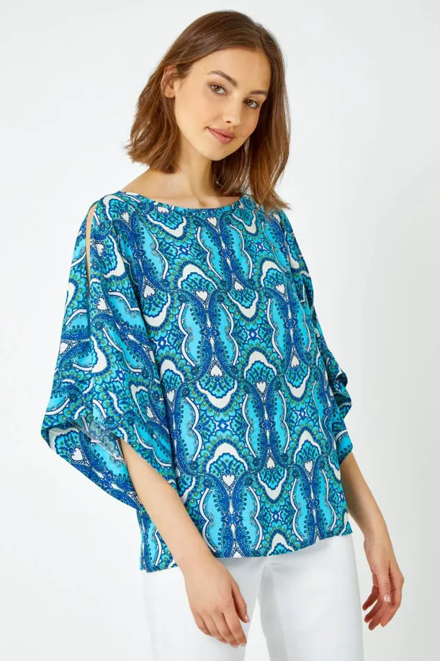 Blue Tile Print Cold Shoulder Top Women Roman Tops