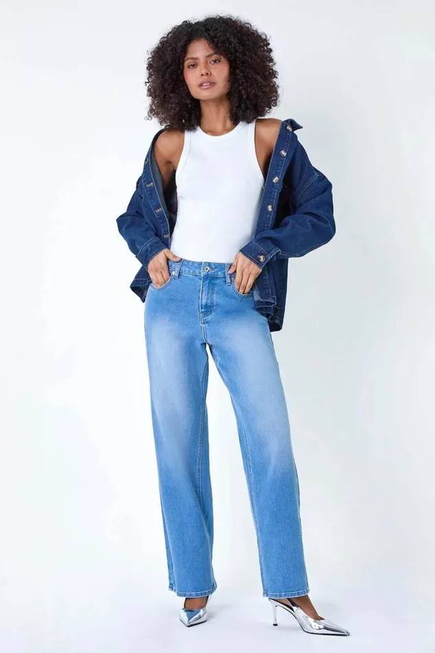 Blue Wide Leg Denim Jeans Women Roman Trousers