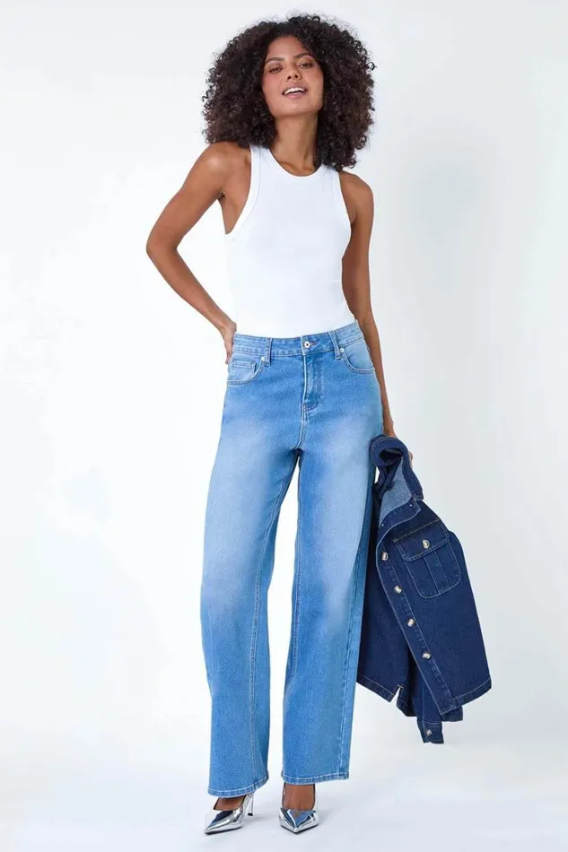 Blue Wide Leg Denim Jeans Women Roman Trousers