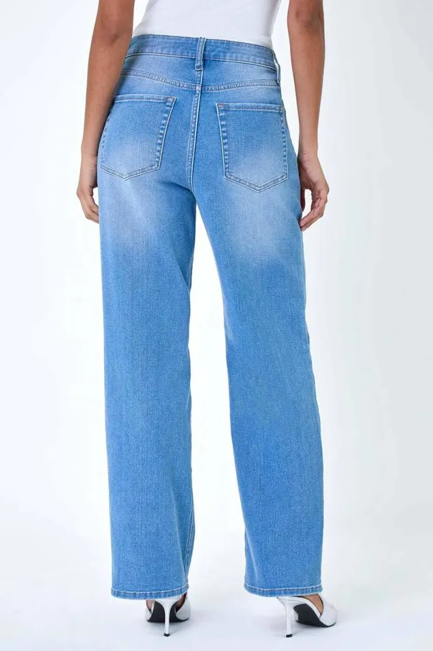 Blue Wide Leg Denim Jeans Women Roman Trousers