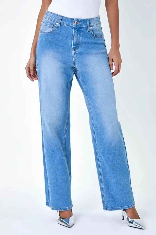 Blue Wide Leg Denim Jeans Women Roman Trousers