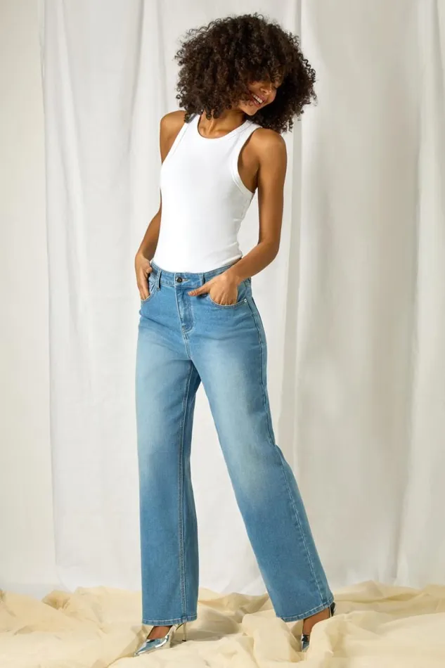 Blue Wide Leg Denim Jeans Women Roman Trousers