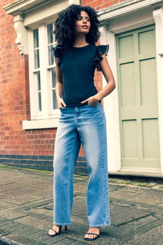 Blue Wide Leg Denim Jeans Women Roman Trousers