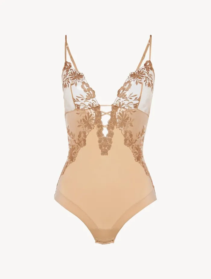 Bodysuit In Beige Lycra With Embroidered Tulle Lingerie La Perla Bodysuits and Bustiers Bodysuit In Beige Lycra With Embroidered Tulle Lingerie La Perla Bodysuits and Bustiers