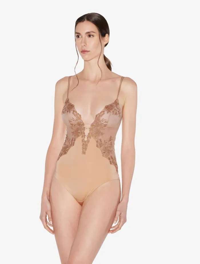 Bodysuit In Beige Lycra With Embroidered Tulle Lingerie La Perla Bodysuits and Bustiers