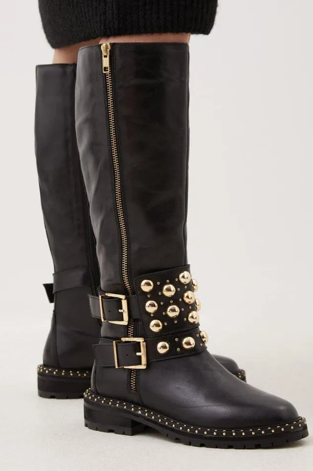 Boots Women Karen Millen Leather Studded Statement Knee High Boot Black