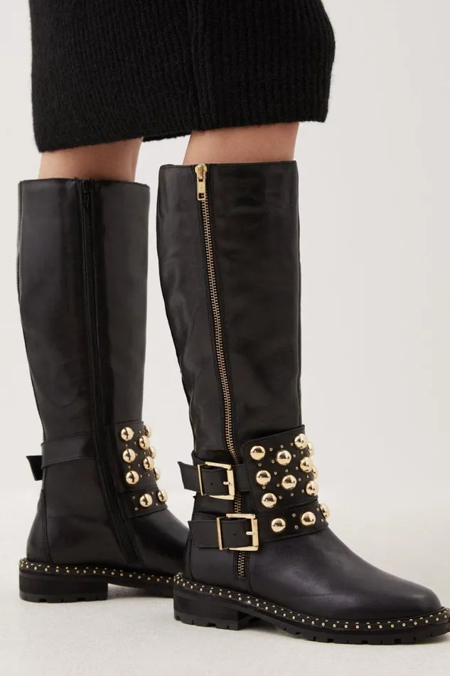Boots Women Karen Millen Leather Studded Statement Knee High Boot Black