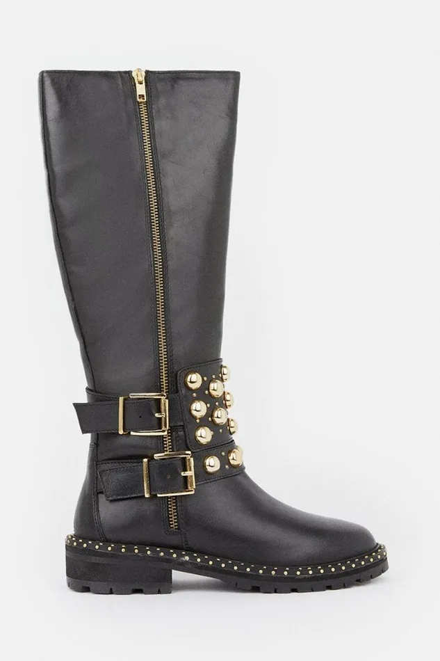 Boots Women Karen Millen Leather Studded Statement Knee High Boot Black