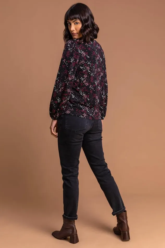 Bordeaux Ditsy Spot Print Gathered Long Sleeve Blouse Women Roman Blouses and Shirts