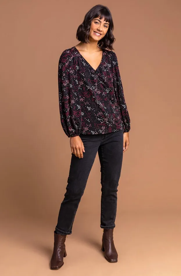 Bordeaux Ditsy Spot Print Gathered Long Sleeve Blouse Women Roman Blouses and Shirts