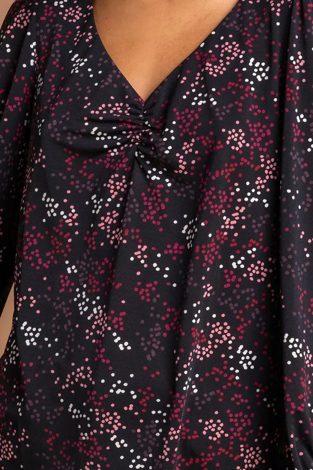 Bordeaux Ditsy Spot Print Gathered Long Sleeve Blouse Women Roman Blouses and Shirts