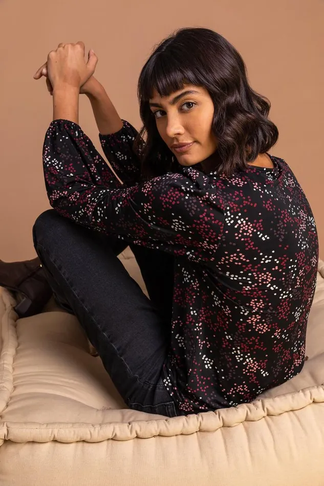 Bordeaux Ditsy Spot Print Gathered Long Sleeve Blouse Women Roman Blouses and Shirts