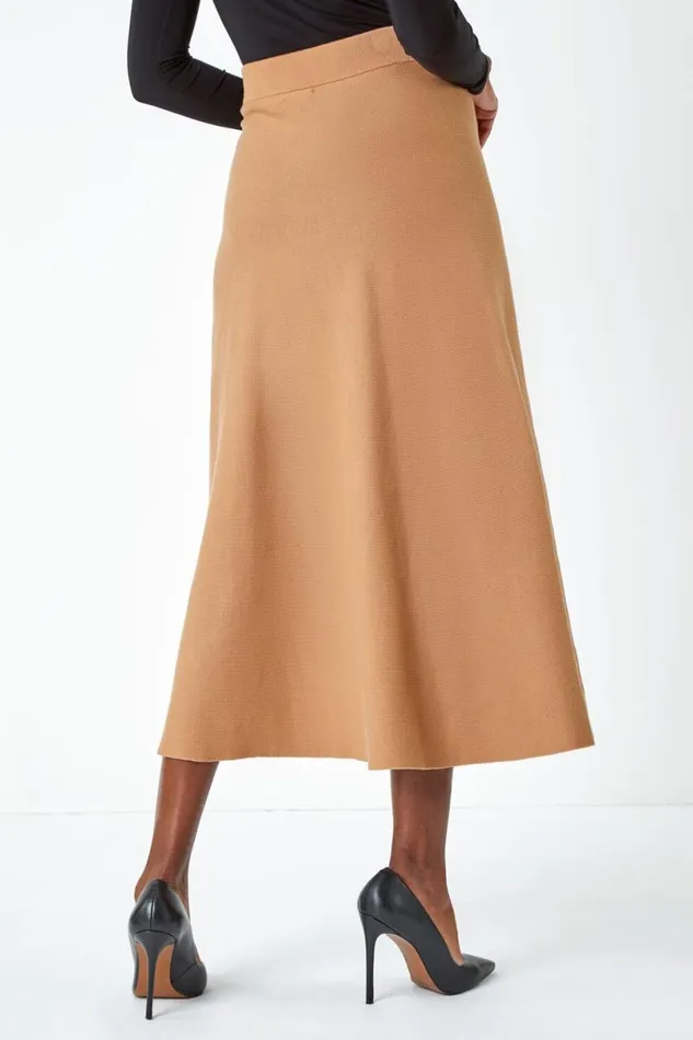 Camel Knitted Elastic Waist A Line Midi Skirt Women Roman Skirts