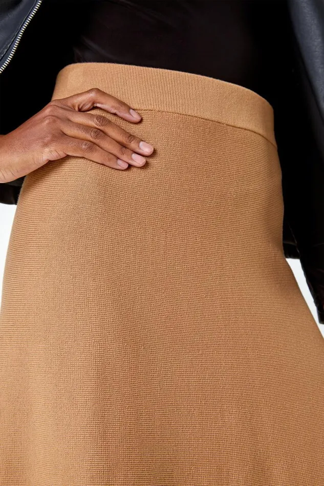 Camel Knitted Elastic Waist A Line Midi Skirt Women Roman Skirts