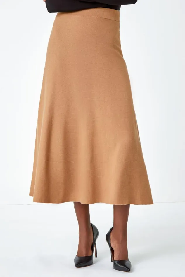 Camel Knitted Elastic Waist A Line Midi Skirt Women Roman Skirts