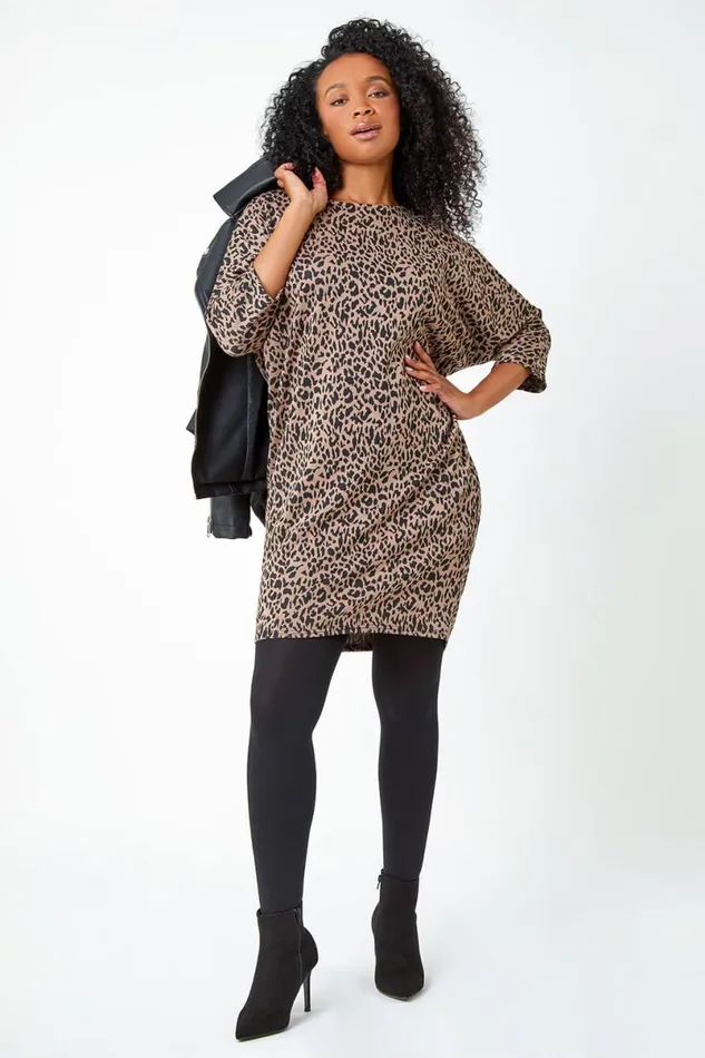 Camel Petite Leopard Print Slouch Stretch Dress Women Roman Dresses