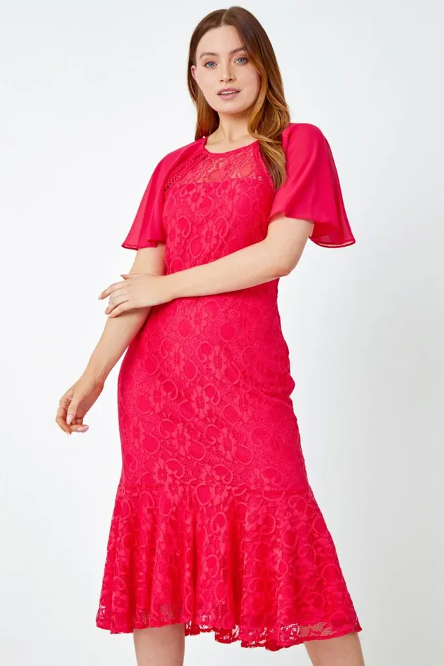 Cerise Chiffon Angel Sleeve Stretch Lace Midi Dress Women Roman Dresses