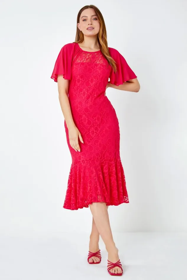 Cerise Chiffon Angel Sleeve Stretch Lace Midi Dress Women Roman Dresses