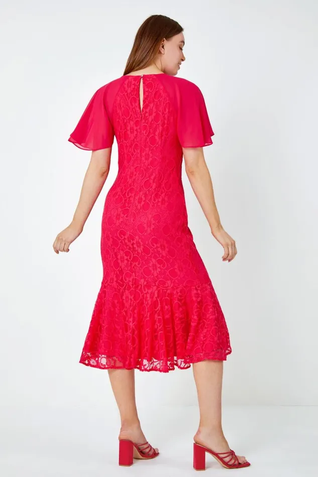 Cerise Chiffon Angel Sleeve Stretch Lace Midi Dress Women Roman Dresses