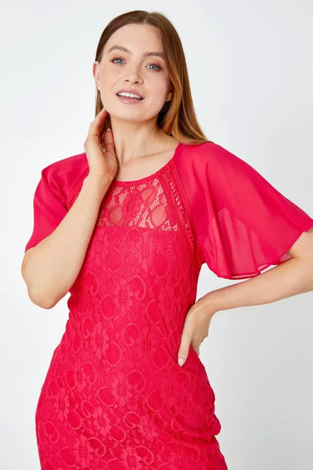 Cerise Chiffon Angel Sleeve Stretch Lace Midi Dress Women Roman Dresses